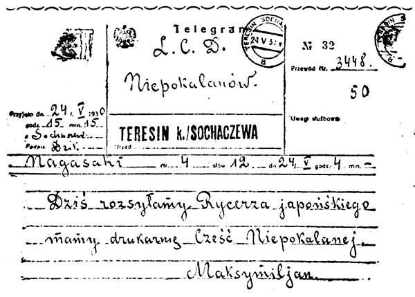 Przedruk telegramu o. Maksymiliana