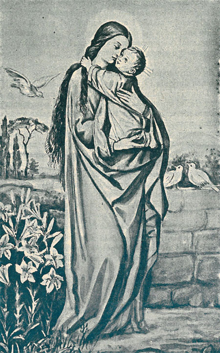 Matka Boża z Dzieciątkiem, lilie, gołąbki